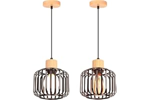 iDEGU 2 Piezas Lámparas Colgantes Vintage 18cm Lámpara de Techo Industrial en Madera y Metal Jaula E27 Iluminación de Techo Retro Luz Colgante para Dormitorio Salón Cocina Comedor Cafetería (Negro)
