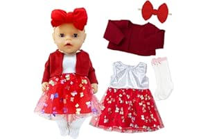 Xerteam Vestiti per bambola giocattolo da 40,6 a 45 cm, vestiti rossi in filato di filato per vestito, calzini a farfalla, fascia per bambole da 38-45 cm, accessori per vestiti per bambole come regalo