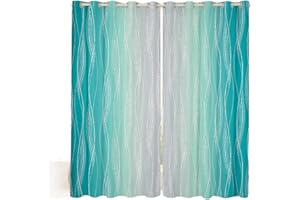 Homewish Teal And Greyish White Blackout Curtains Turquoise Ombre Window Curtains Geometric Silver Striped Curtains & Drapes Blue Green Aesthetics Gradient Room Decor 2 Panels 46" Wx54 L