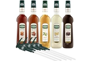 Mathieu Teisseire SET Café 5+5-5x Kaffee Sirup + 5x Pumpen - Karamell, Vanille, Schokolade, Haselnuss, Weisse Schokolade (5x 0,7l)