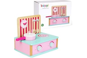 boppi Piano cottura in legno da tavolo per bambini, giocattolo da cucina per fingere di giocare a fornello, utensile da cucina e casseruola, giocattoli e accessori per bambini dai 3 anni in su