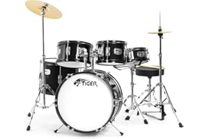 Tiger JDS14-BK Junior 5-Piece Drum Kit - For Ages 3-10 - Snare, Toms, Bass Drum, Bass Drum Pedal, Hi-Hat, Crash Cymbals, Throne and Sticks All Included – Black
