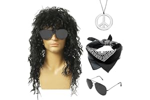 MIVAIUN 4 Piezas Set de Pelucas de Rock Accesorios Disfraz Años 70/80 Set de Disfraz Hippie Peluca de Rock Rizado Bandana Collar de Peace Gafas de Sol para Fiesta de Halloween Rave (Negro)