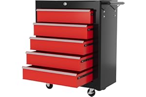 HOMCOM Steel 5-Drawer Tool Storage Cabinet Lockable with Wheels Handle 2 Keys Garage Equipment Trolley Home Work DIY Workshop Chest Red