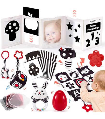 Asiento de coche en espiral, juguetes para bebés de 0 a 6 meses, juguetes sensoriales de actividad de alto contraste negro y blanco con sonajeros de muñeca, accesorios colgantes para cochecito