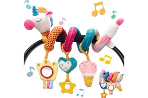 Masroo Car Seat Toys for Babies Boy Girl - Baby Toys 3-6 Months - Rattle, Mirror, Crinkle, Squeaky Carseat Stroller Toys Developmental Newborn Baby Girl Gifts
