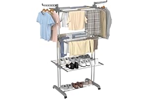 Innotic Etendoir Linge Intérieur et Extérieur, 4 Niveaux Grande Capacité Séchoir à Linge Pliable, Seche Linge Etendoir avec Roues, Acier Inoxydable, 172cm-Gris