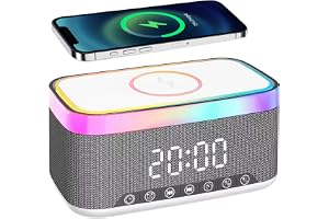 PORFOYO Digital väckarklocka med ljus och laddningsstation, 3-i-1 digital väckarklocka med Bluetooth-högtalare, 15 W trådlös