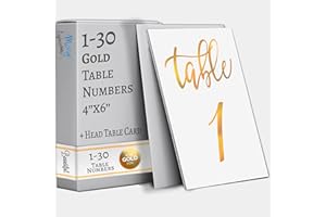 Merry Expressions Gold Wedding Table Numbers Cards (1 to 30 & Head Table) 10.2 x 15.2 cm, Double Sided Table Numbers, Modern Calligraphy Foil Design, Best for Receptions, Cafés, Restaurants & Parties