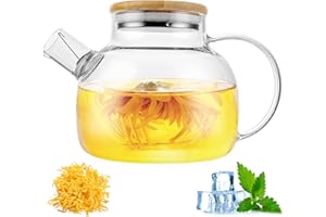 APACALI Theiere Verre avec Filtre, 1000 ml Théière en Verre Transparente avec Infuseur, Theiere en Verre avec Couvercle en Bambou, pour Contenants de Thé aux Fruits et Théière en Fleurs