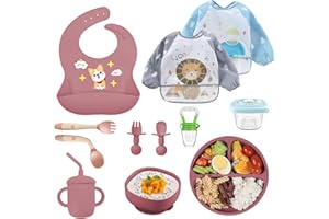 OSKUGLIN Baby Kinderteller Sets, Silikon Baby Geschirrset Kindergeschirr mit Saugnapf, 10 Stücke Rutschfest Silikon Geschirr Sets Rutschfest Babyteller Schüssel Lätzchen Löffel Gabel Kindergeschirr