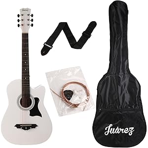 Juârez JRZ38C/WH 6 Strings Acoustic Guitar 38 Inch Cutaway, Right Handed, White with Bag, Strings, Picks and Strap White