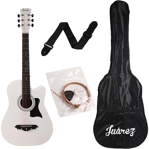 Juârez JRZ38C/WH 6 Strings Acoustic Guitar 38 Inch Cutaway, Right Handed, White with Bag, Strings, Picks and Strap White
