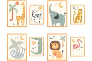 Zeuwets Poster Decorativi per Cameretta dei Bambini, Set di 8 Foto per Cameretta Bambini, Formato DIN A4 e DIN A7, Immagini per la Cameretta dei Bambini - Tema Animali/Senza Cornici