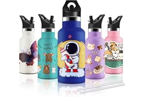 KollyKolla Gourde Isotherme Enfant, Gourde Inox 350ml, Impression 3D Gourde Isotherme Petite, Sans BPA, Gourde Reutilisable, Bouteille Isotherme avec Paille pour Enfant, Adultes, Sport, Bureau