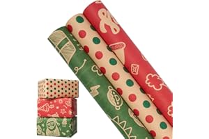ZHNERY 3 rouleaux de papier cadeau en kraft, rouleau de papier d’emballage de Noël de 43 cm * 3 m rouge vert imprimé avec des points pour Noël, anniversaire, fête, mariage, baby shower, décorations de fête