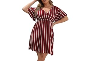 Skang Damen Kleider Sommer Gestreiftes Damenkleid in Übergröße mit V-Ausschnitt und kurzen Ärmeln in A-Linie Schwarzes Kleid Eng Kurz