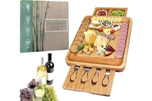 TUSINA Premium Bamboo Cheese Board Set with Stainless Steel Utensils - Charcuterie Platter Board with Slide Out Drawer and Cutlery - Serving Meat Tray with Knife Set for Housewarming, Wedding & Birthday Gift