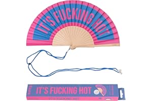 Fisura – Original Folding Handheld Fan with Fun Message “It´s f*cking hot”, Wooden Folding Fan for women, Pink and blue Design with Hanger for Wedding, rave, festival - Size: 42.5 x 23 cm