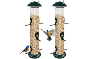 CFYTHYAB 2Pack Metal Bird Feeders Hanging Tube for Garden – Wild Bird Seed Feeder with 6 Feeding Ports, Steel Hanger, Weatherproof Hanging Bird Feeder for Small Birds, Niger Seeds & More