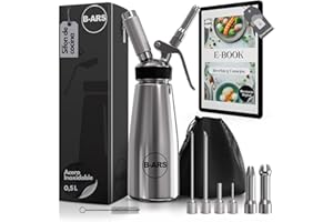 B-ARS Dispensador Crema Batida Profesional Acero Inoxidable 500ML Incluye Boquillas Decorativas Cepillo Limpieza(NO INCLUYE CAPSULAS DE N2O) Ebook Recetas Cocina Espumas Postres Fáciles y Creativos
