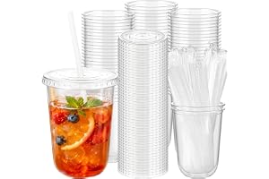 Ruioomeep 50 stycken 473 ml (16 oz) plastmuggar med lock och sugrör
