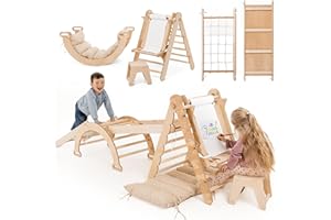 GOODEVAS Extra Large 6-in-1 Indoor Climbing Frame for Toddlers - Wooden Triangle, Arch & Climbing Ramp & Net & Cushion & Art Addition, Montessori Climbing Frame, Foldable Climbing Toys for Kids 1-5 Age