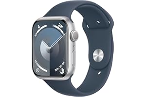 Apple Watch Series 9 GPS 45mm Smartwatch con cassa in alluminio color argento e Cinturino Sport blu tempesta - M/L. Fitness tracker, app Livelli O₂, display Retina always-on, resistente all’acqua