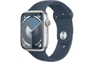Apple Watch Series 9 [GPS] Smartwatch con Caja de Aluminio en Plata de 45 mm y Correa Deportiva Azul tempestad - Talla M/L. Monitor de entreno, App Oxígeno en Sangre, Resistencia al Agua