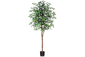 Kazeila Large Artificial Ficus Tree 180cm Tall Artificial Plants Indoor Fake Tree Fake Potted Tree with Natural Wood Trunk and Silk Leaves for Home Office Decor Indoor