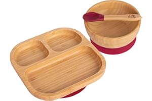 Tiny Dining Baby Dinner Set - Segmented - Red - 3pc - Divided Non-Slip Bamboo Self-Feeding Weaning Plate, Bowl & Spoon for Babies, Toddlers, Children