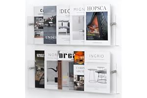 XOHYW 2 Pack Clear Acrylic Magazine Holder, Wall Mount Bookshelf Magazine Rack, Literature Brochure File Display Shelf for Waiting Room, Living Room, Office, Home, Organization