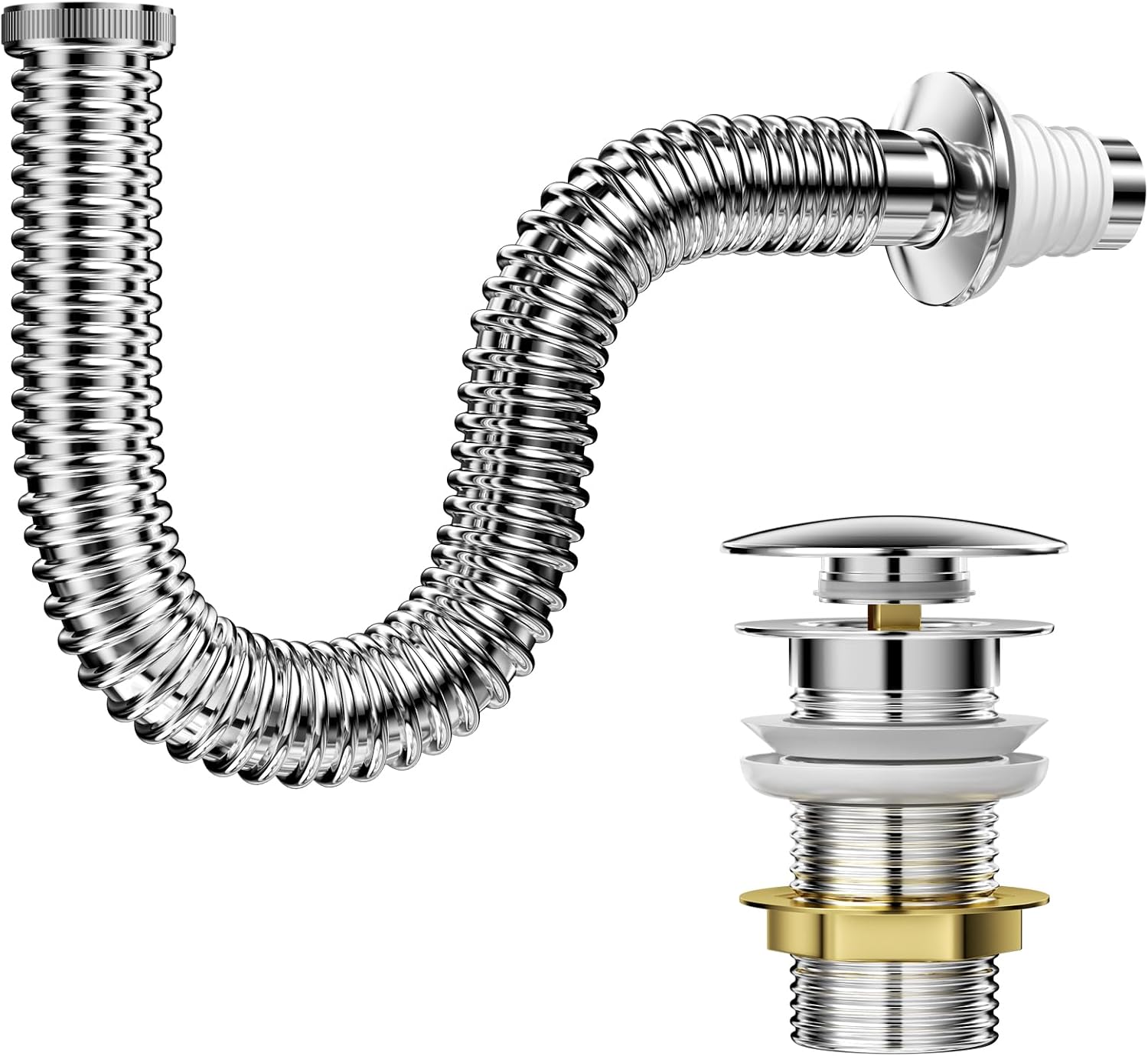 Dyaucwpo Juego de Desagüe de Lavabo, Kits Desague Lavabo, Sifón Lavabo Flexible Kits, Sifon Fregadero Kit de Desagüe, Sifón a Prueba de Olores con Válvula de Desagüe Emergente, para Baño Y Cocina