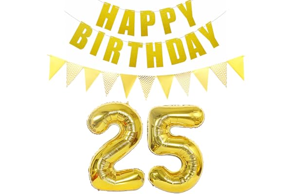 Lot de 2 Ballons en Forme de Chiffre 25 Doré + Guirlande Happy Birthday + Bannière Dorée 25 Ans Anniversaire Homme Femme
