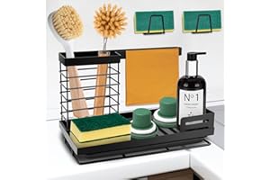 Onlyesh Spülbecken Organizer, Küchen Organizer mit 2 Stück Schwammhalter Spülbecken, 304 Edelstahl Spülbecken Organizer Schwarz fur Schwamm, Bürsten Seifenspender, Küche Organizer