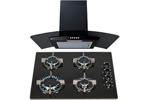 SIA 60cm Black 4 Burner Gas On Glass Hob And Smoked Curved Glass Cooker Hood Fan
