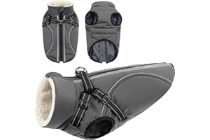 CITÉTOILE Wiatroszczelny płaszcz dla psa z uprzężą, wodoszczelny płaszcz zimowy dla małych, średnich psów, strój z odblaskowymi paskami i zamkiem błyskawicznym, szary, M