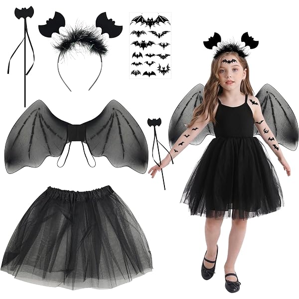 Yolyoo - Conjunto de disfraz de murciélago de Halloween, falda de alas de murciélago y falda de tutú de varita mágica para Halloween, disfraz de cosplay (murciélago negro Yolyoo - Conjunto de disfraz de murciélago de Halloween, falda de alas de murciélago y falda de tutú de varita mágica para Halloween, disfraz de cosplay (murciélago negro