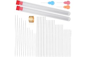 REOVIN Lot de 36 aiguilles à perles, aiguilles d'abeille, grand chas, 6 tailles, 12 aiguilles longues droites et 24 aiguilles à perles et 2 bouteilles, dé à coudre et enfile-aiguille pour bracelets, bijoux