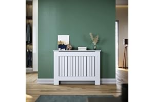 SONNI Copertura per Radiatore 112x19x81.5 cm, Classico e Moderno per Copritermosifone, Copertura Termosifone Grande a Doghe Rigate Laccate Bianche