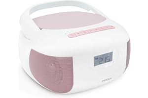 MOOOV 477185 Lecteur CD Radio FM Portable Bluetooth - Poste Boombox Stéréo MP3 Entrée USB, AUX-in, Micro-SD, Prise Casque, Ecran LCD - Alimentation Secteur ou Pile - Rose
