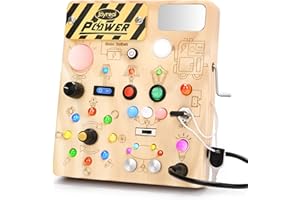 Joyreal Montessori Busy Board z generatorem korbki ręcznej, zabawka motoryczna dla niemowląt, zabawka sensoryczna, 22 światła LED i 11 przełączników, deska do aktywności dla dzieci w wieku od 1, 2, 3