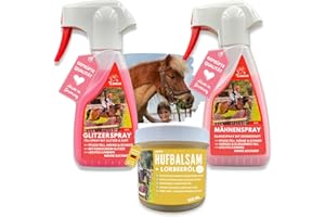 EMMA® Horse Care – Set of 3 Horse Glitter Spray, Hoof Grease in Pink with Strawberry Scent & Glitter Mane Spray for Fur Mane and Tail for Horses Grooming Box