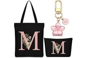 Hestya Set 3 Regalos para Mujer Navidad Bolso Tote Personalizado con Inicial Bolsa de Compras de Lona Neceser con Alfabeto Bolso de Maquillaje Llavero con Letra para Amiga Colega Cumpleaños Boda