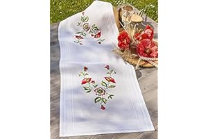 KAMACA Kit de broderie avec motif de pavot et point de tige, point de tension, point plat, pré-dessiné, en 100 % coton, chemin de table 40 x 100 cm, à broder soi-même