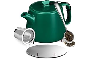 Brew To A Tea Stump Teapot with Strainer, Removable Infuser Tea Pot Handmade 600ml/20.29oz Heat-Resistant Ceramic Tea Pot with Stainless Steel Coaster, Forest Green