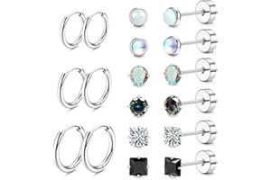 LOFITOR Titanium Earrings for Men and Women 20G Implant Titanium Flat Pin Plug with Opal Moonstone Cartilage Jewellery Hypoallergenic Flat Back Hoop Earrings for Sensitive Ears