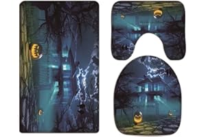 A.Monamour Badezimmer Badematte 3 Teilig Set Gruselig Haus Garten Halloween Kürbis Urlaub Party Dekore Toilettendeckel Abdeckungen Flanell Saugfähig Badteppiche Badvorleger Badgarnitur WC Vorleger