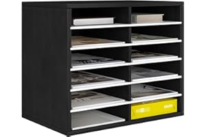 Senhoglb Wood Paper Storage Organiser for Desk, 12 Compartments Wooden File Sorter with Adjustable Shelves, Mail Sorter Organizer Countertop for Office, Home, School，Black and White