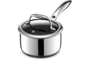 HexClad Hybrydowy nieprzywierający rondel o pojemności 1 l z pokrywką ze szkła hartowanego, uchwyt utrzymujący chłód, nadaje się do mycia w zmywarce, gotowy do indukcyjności, kompatybilny ze